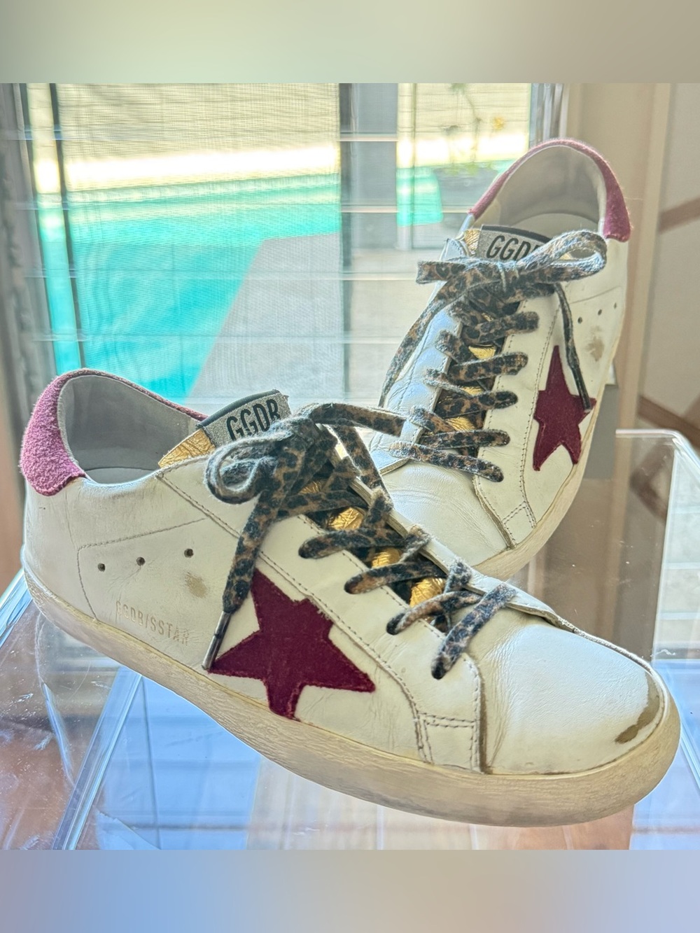GOLDEN GOOSE SUPERSTAR | White/Burgundy Leather Star Leopard Laces | Size EU 39